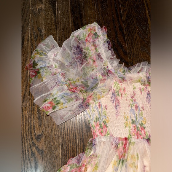 Coquette cottage core tulle mini dress floral nude flared shear netting - Picture 6 of 10